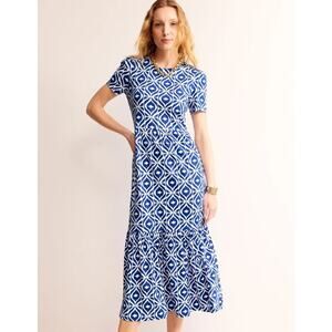 Boden Dress Size 16-18 Blue White Emma Tiered Jersey Midi Dress Coastal